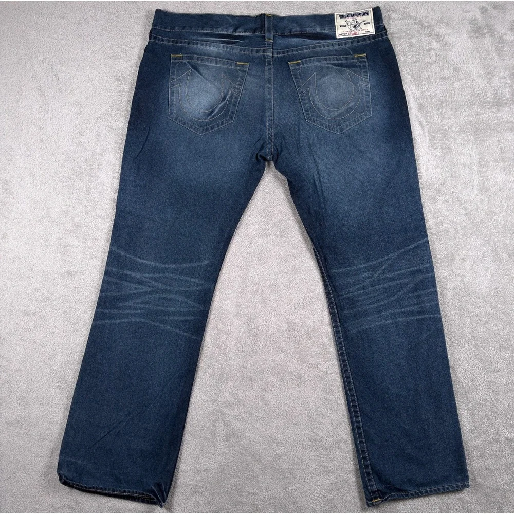 True Religion Jeans Mens 44x34 Straight Allover Earthworm Gold Cursed Blue Denim
